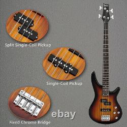 Guitare basse électrique à 4 cordes de taille normale Glarry GIB avec micros SS, kit ampli Sunset